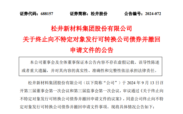 疑受天职国际“资格罚”影响，松井股份终止发行事关汽车涂料项目的可转债